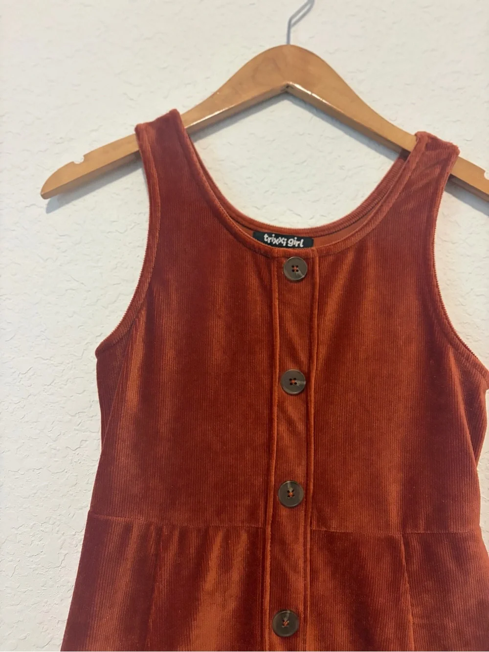 Trixxi Girls' Rust Velvet Button-Front Tank Dress